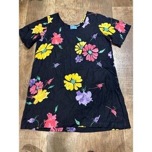 Key Lime Clothing Co Womens Medium M Floral Black Rayon Short Sleeve Shirt
